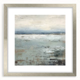 Abstract landscape wall art framed with a silver mat, showcasing a serene blend of blue and green hues, perfect for modern home décor.