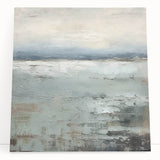 Abstract landscape wall art on stretched canvas, showcasing vibrant hues of blue, green, and orange, elegantly leaning against a neutral wall, perfect for modern decor.