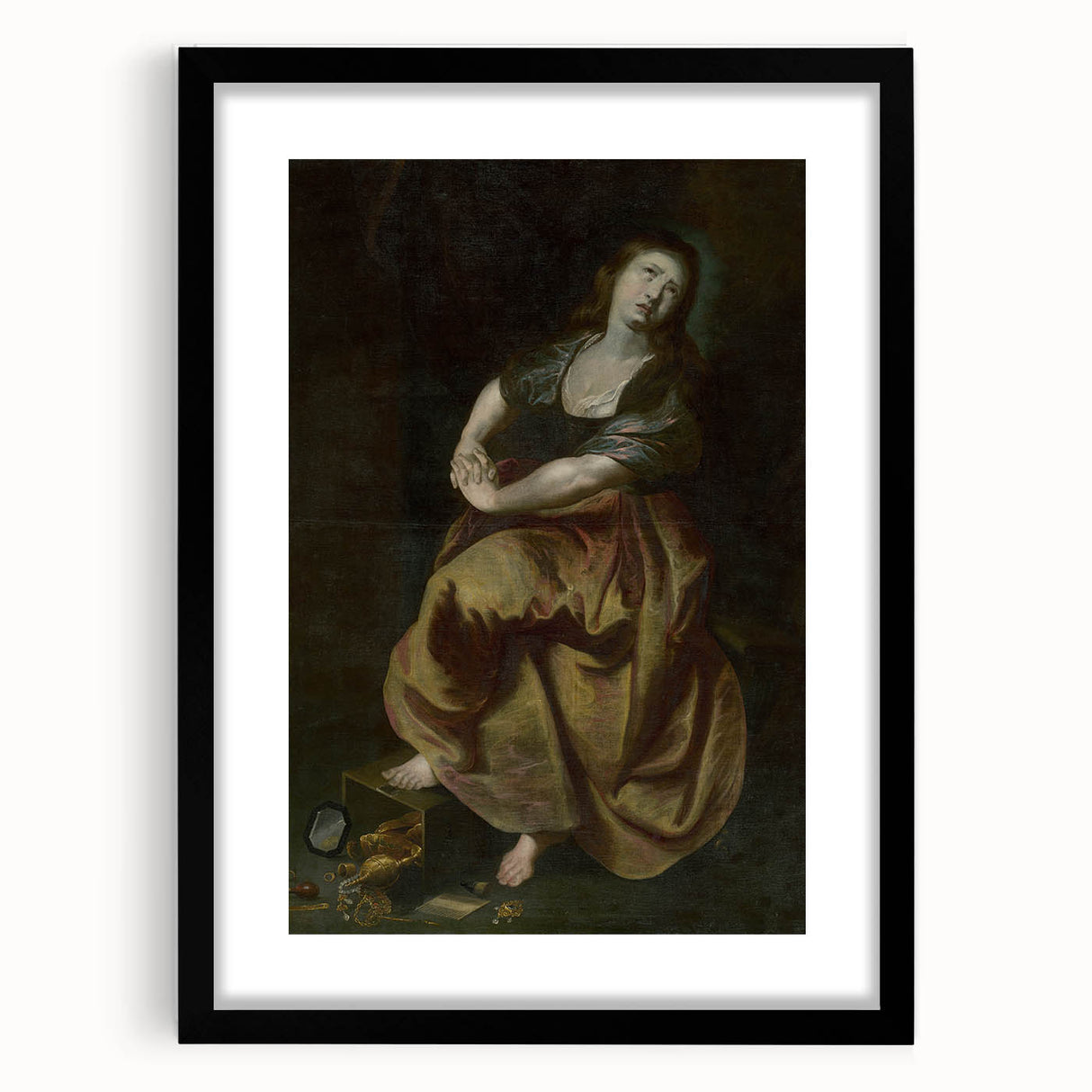 Antique Art Print Featuring Reflective Female Figure