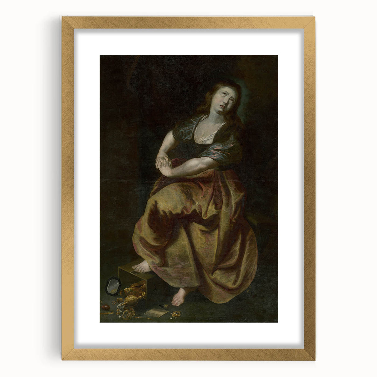 Antique Art Print Featuring Reflective Female Figure