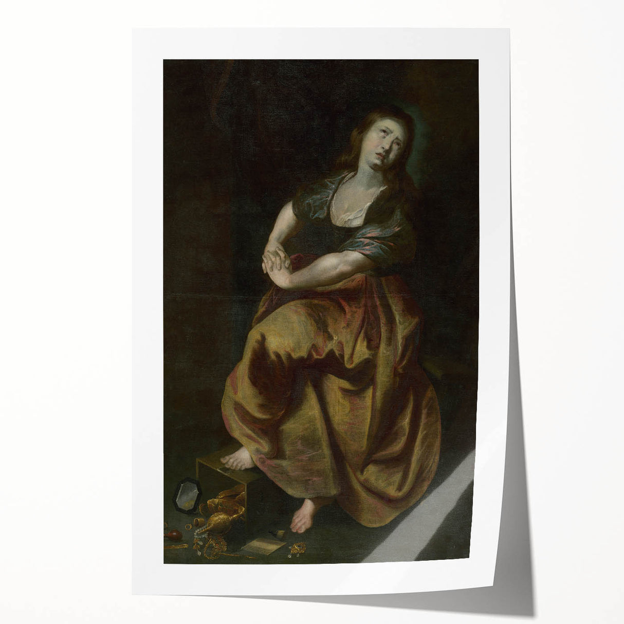 Antique Art Print Featuring Reflective Female Figure