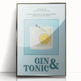 Large art print of food and drinks in mid-century modernist style with muted colors, framed in silver acrylic.