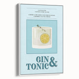 Vintage poster art of colorful food and drinks on a large framed white canvas, ideal for living room decor.