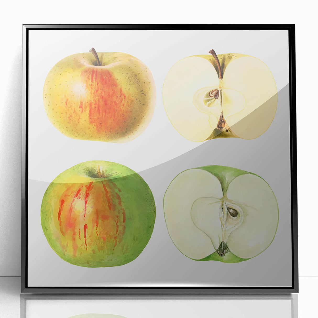Large abstract wall art featuring assorted fruits in vibrant colors on a black acrylic framed print.