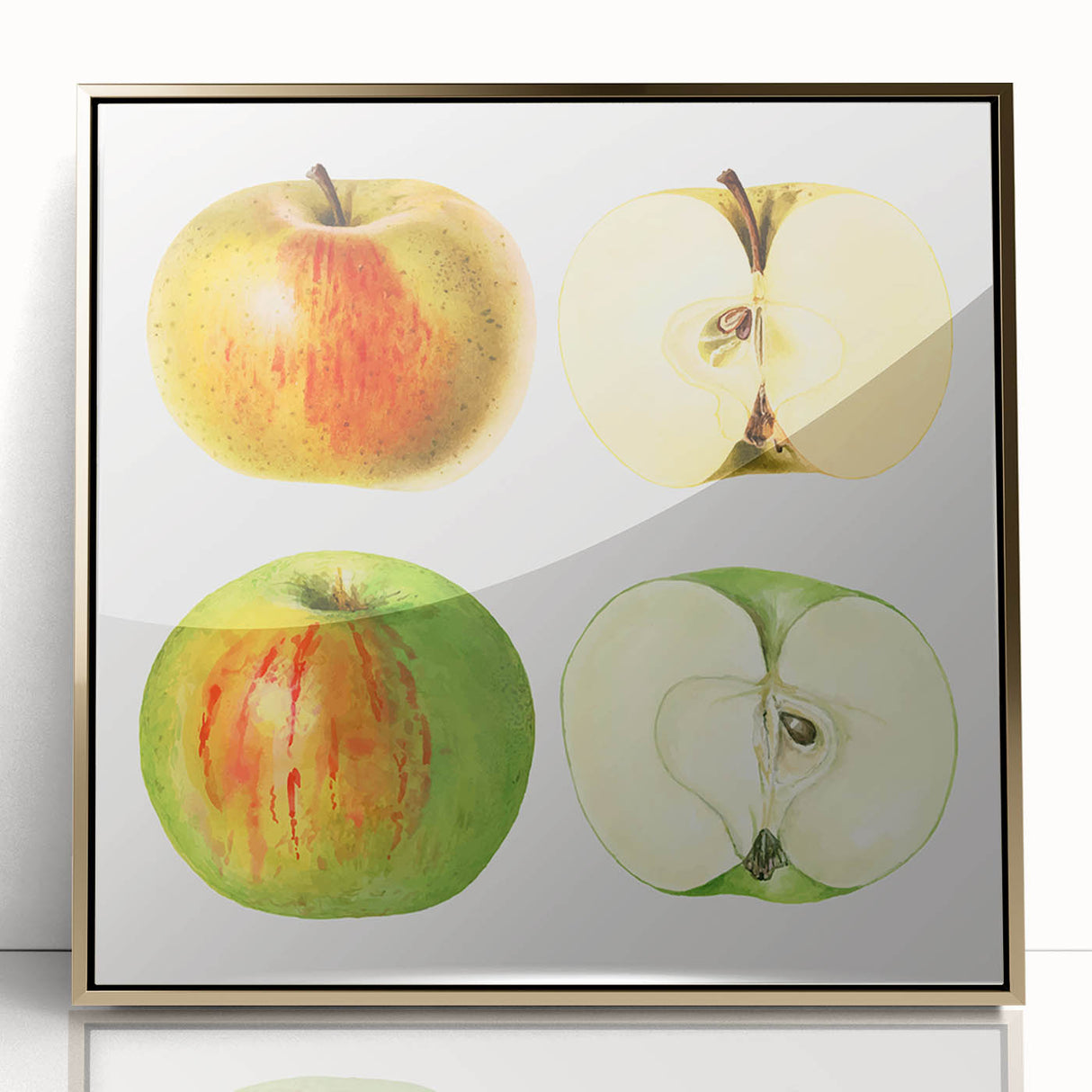 Framed acrylic print of assorted fruits in a mid-century modernist style, featuring vibrant colors.