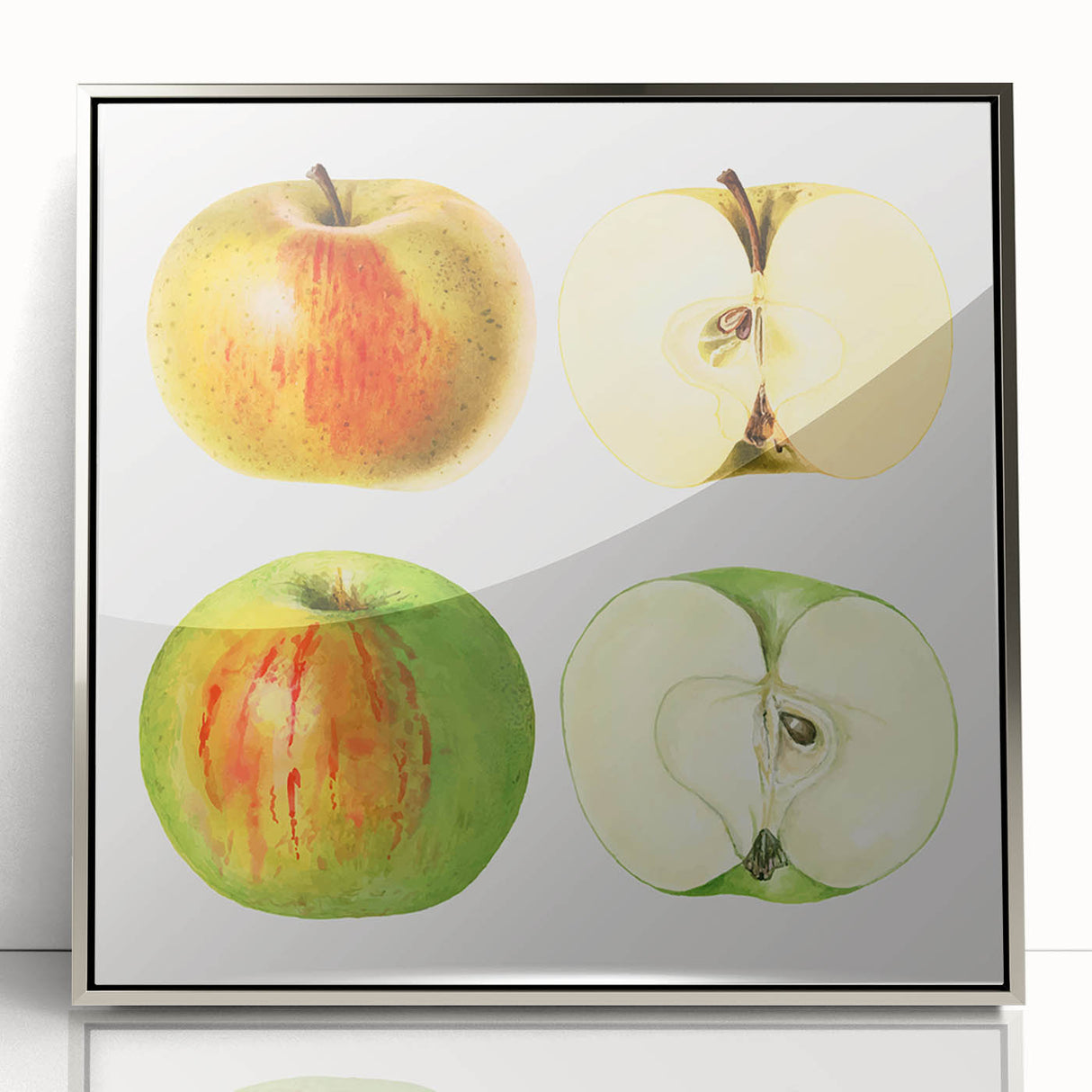 Mid-century modernist art featuring colorful fruit motifs on a silver-framed acrylic, ideal for nursery wall art.