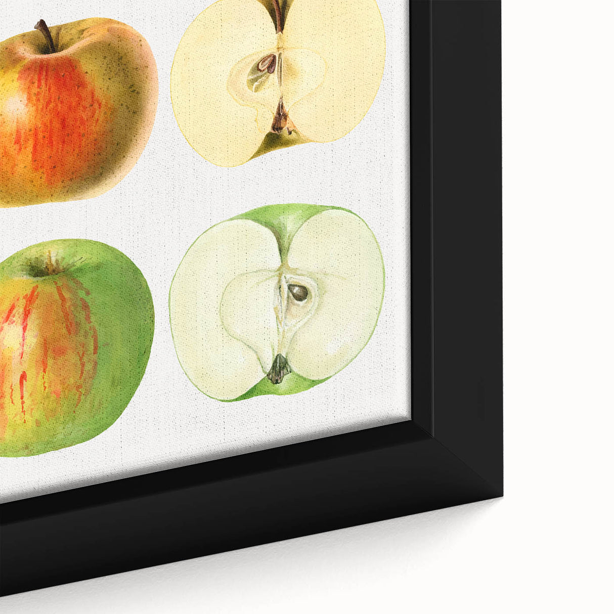 Close-up of a black framed canvas featuring colorful, textured fruits, ideal for extra large living room wall art.