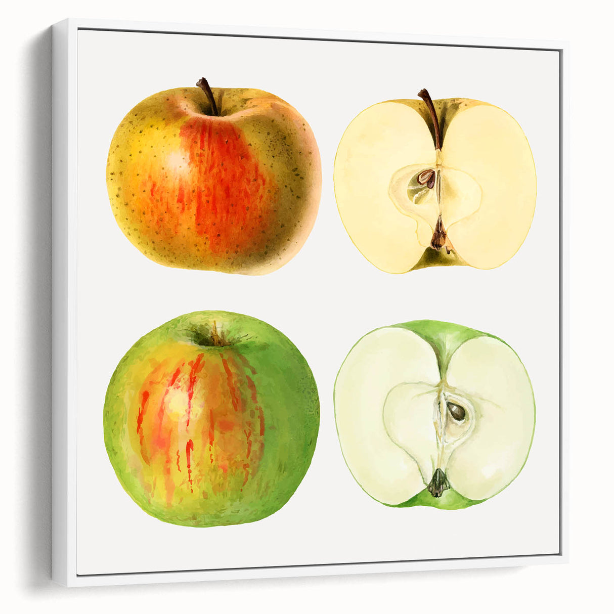 Vintage poster art of colorful fruits on a black background, in a white frame, ideal for living room decor.