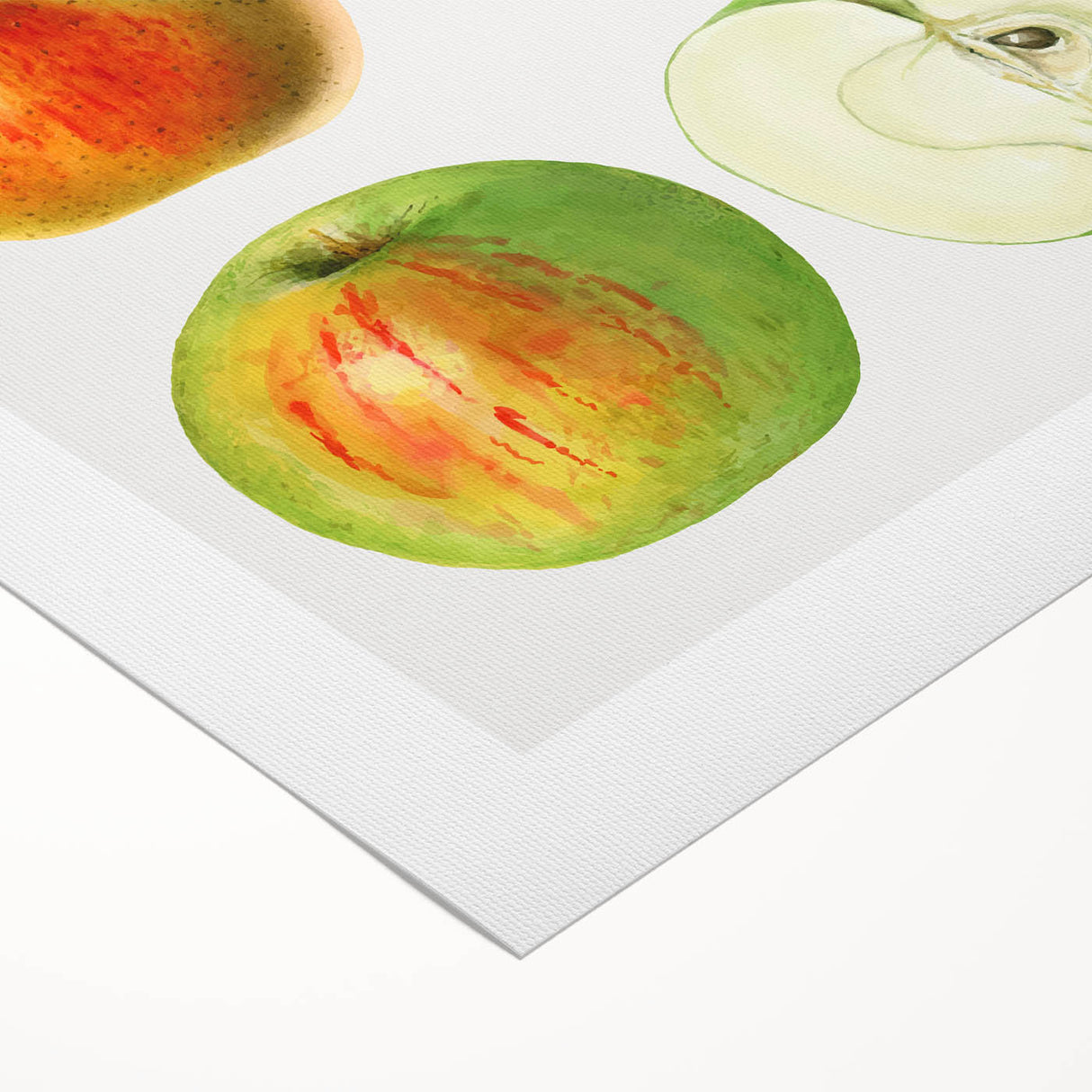 Art deco poster featuring an array of fruits in vibrant colors on a rolled canvas, suitable for dining room decor.