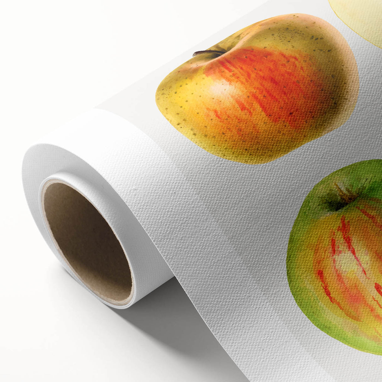 Art deco poster of colorful fruits on rolled canvas, suitable as nursery wall art or dining room decor.