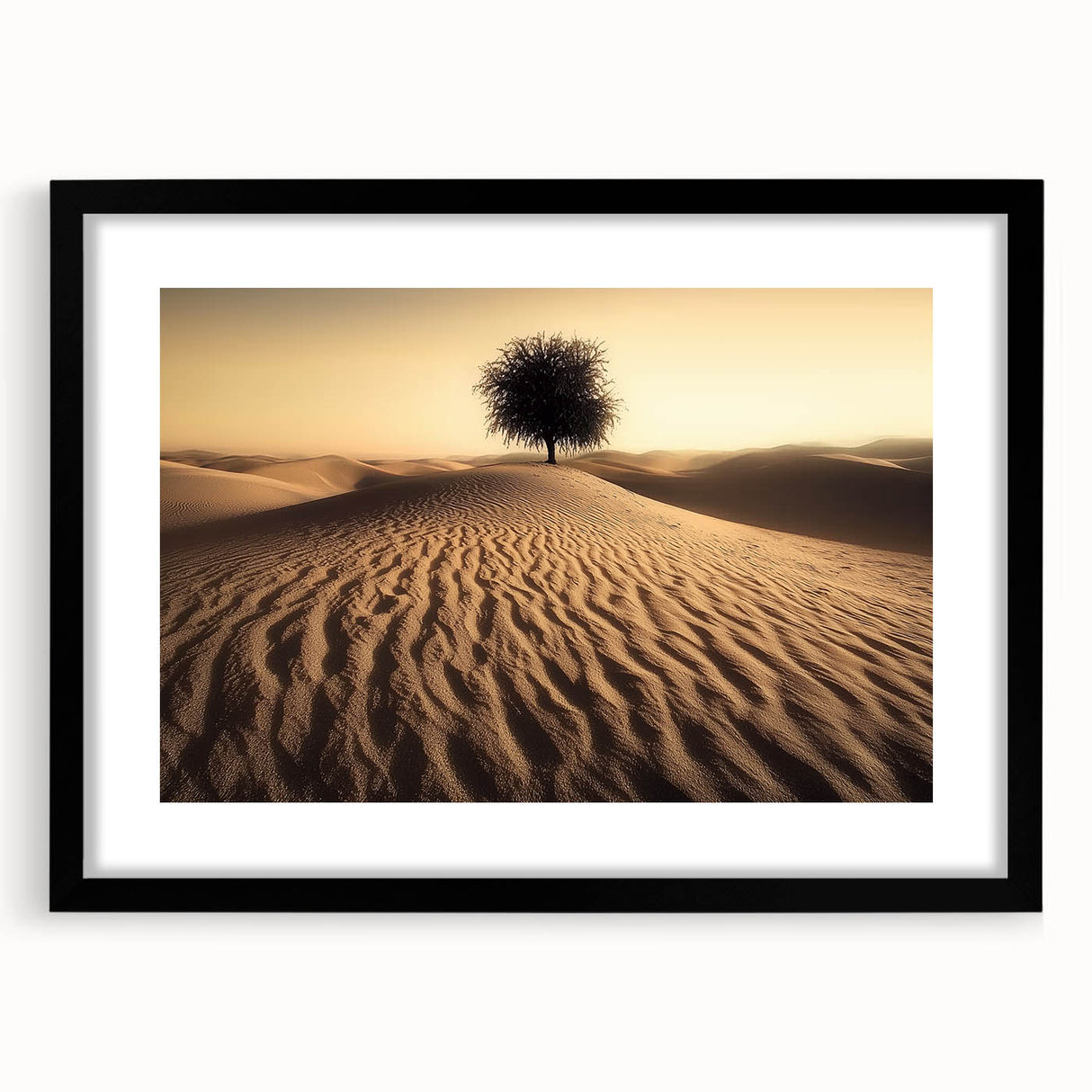 Black-framed landscape artwork depicting serene beaches, featuring a white mat for enhanced presentation, ideal for home decor and coastal-themed interiors.