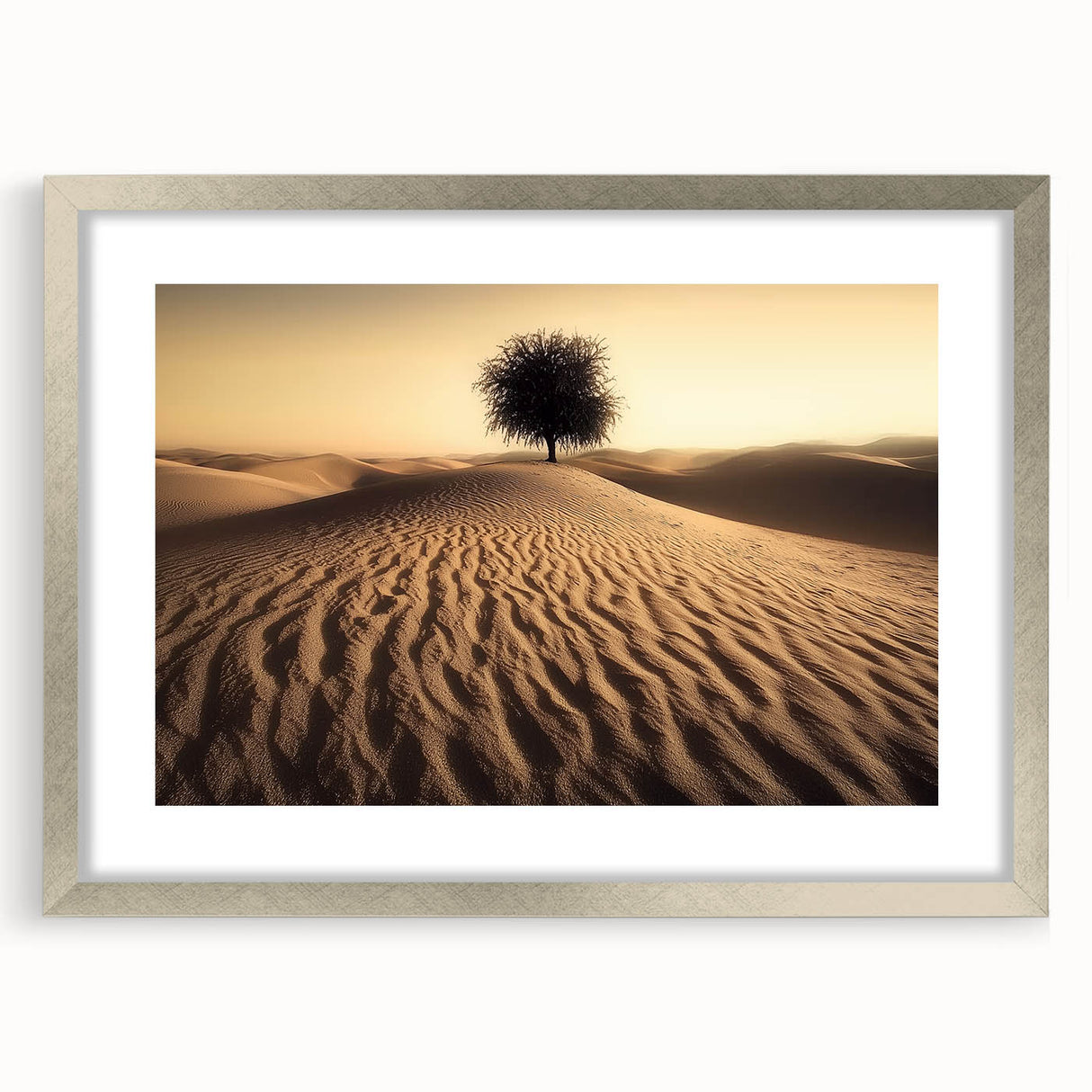 Landscape print showcasing a serene beach scene, framed in a stylish silver frame with a white mat, perfect for enhancing coastal-themed decor. Ideal for home or office.