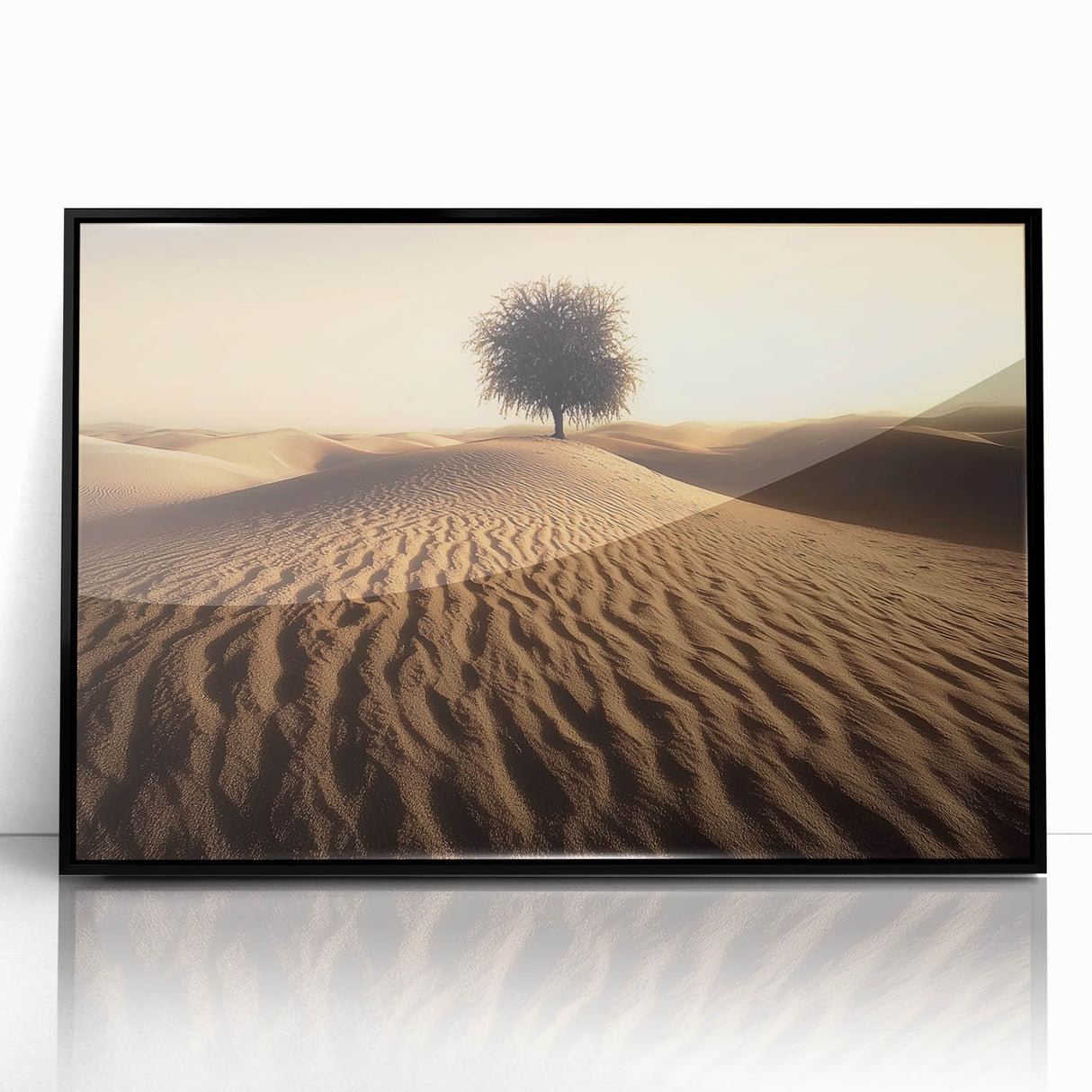 Framed acrylic artwork of a serene beach landscape with soft waves and a vibrant sunset, featuring a sleek black frame that enhances its modern aesthetic.