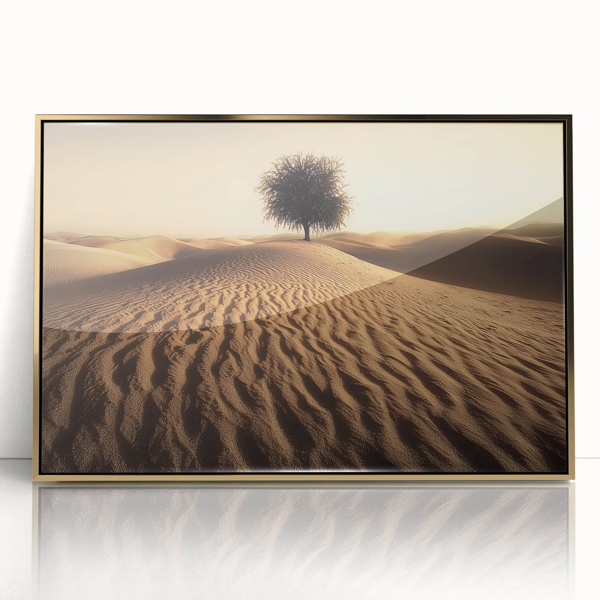 Framed acrylic artwork showcasing a vibrant beach landscape with golden accents, perfect for enhancing home decor and evoking a sense of tranquility.