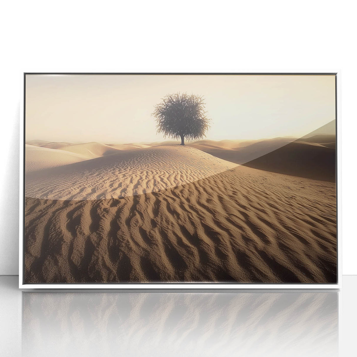 Framed acrylic artwork depicting a serene beach landscape with vibrant blue skies and soft white sands, presented in a sleek white frame, ideal for coastal decor.