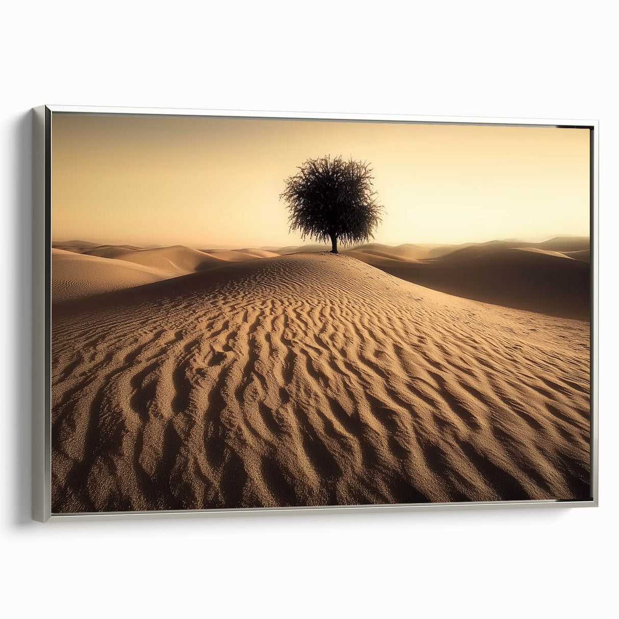 Framed landscape canvas artwork showcasing a serene beach scene with vibrant colors, enhanced by a silver frame, perfect for home decor and relaxation themes.