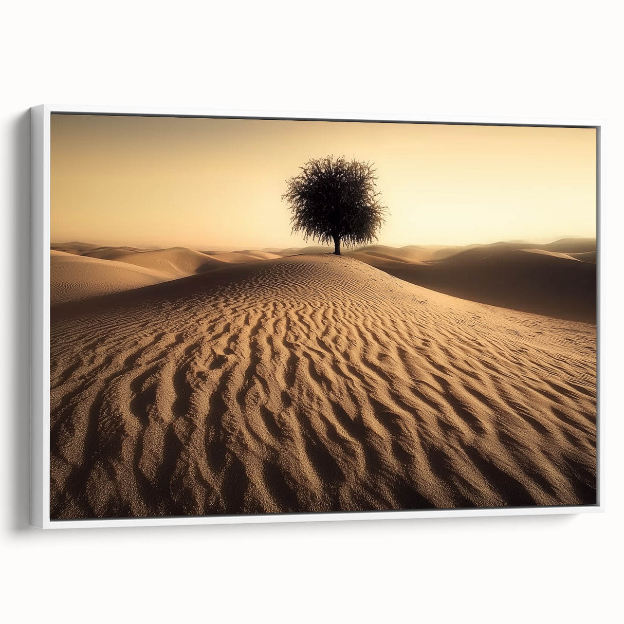 Framed landscape canvas showcasing a serene beach scene with gentle waves and soft golden sand, presented in a sleek white frame, perfect for coastal home decor.