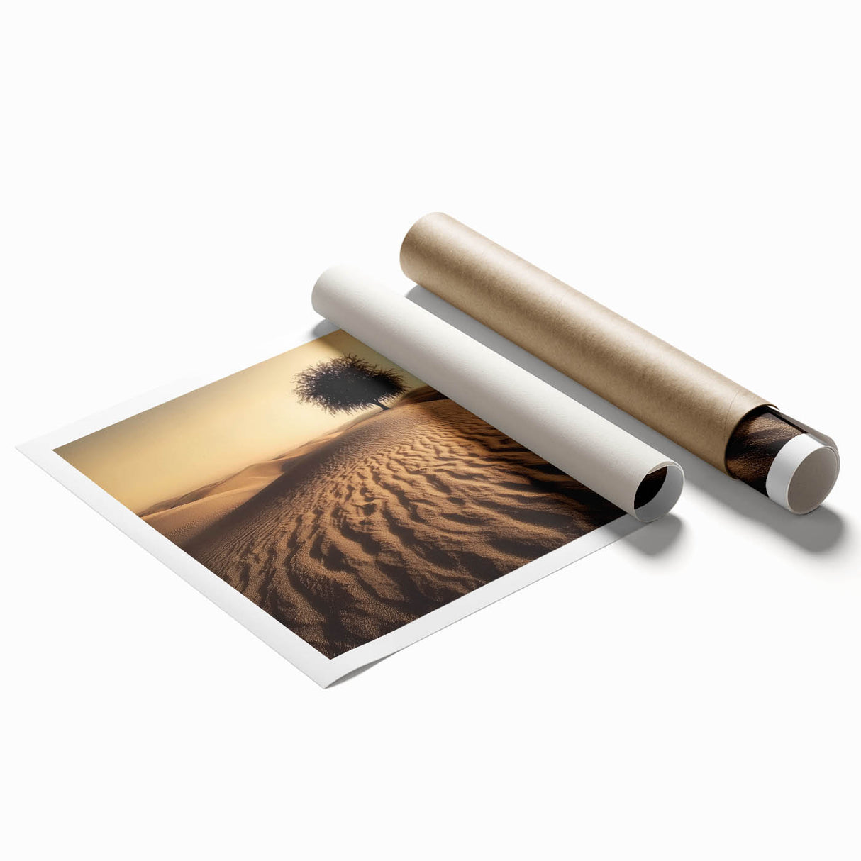 Vibrant coastal landscape print showcasing serene beaches with golden sands and gentle waves, rolled for easy shipping in a protective cardboard tube. Perfect for home decor.