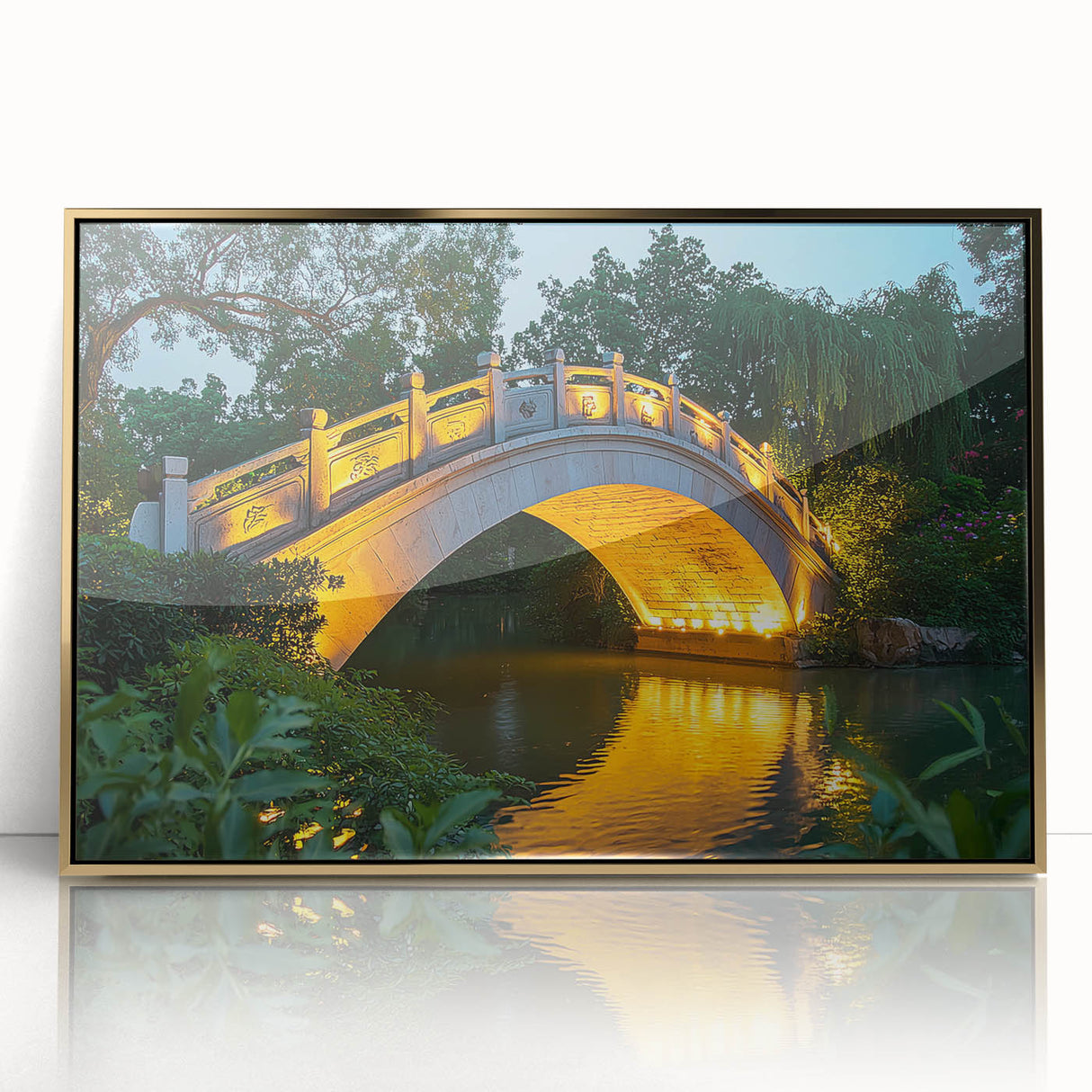 Framed acrylic artwork showcasing a stunning landscape bridge in gold tones, elegantly displayed against a white background, perfect for modern home decor.
