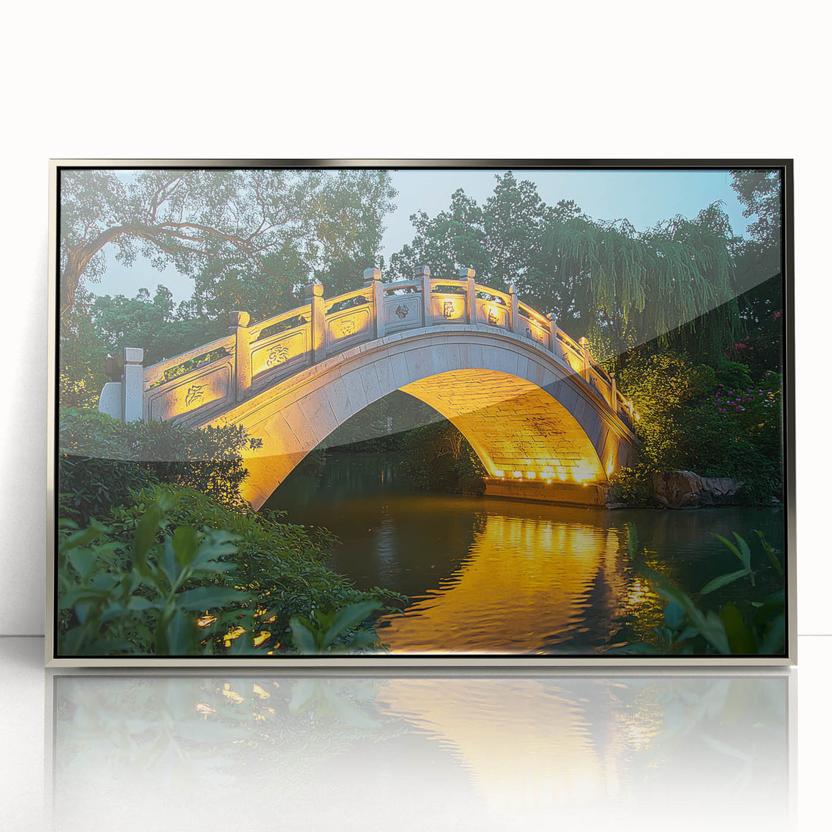 Framed acrylic artwork showcasing a contemporary landscape bridge design with silver accents, ideal for modern home décor. Perfect for enhancing living spaces.