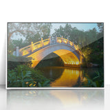 Framed acrylic artwork of a modern landscape bridge scene in white, showcasing vibrant colors and fine details, perfect for contemporary home decor.