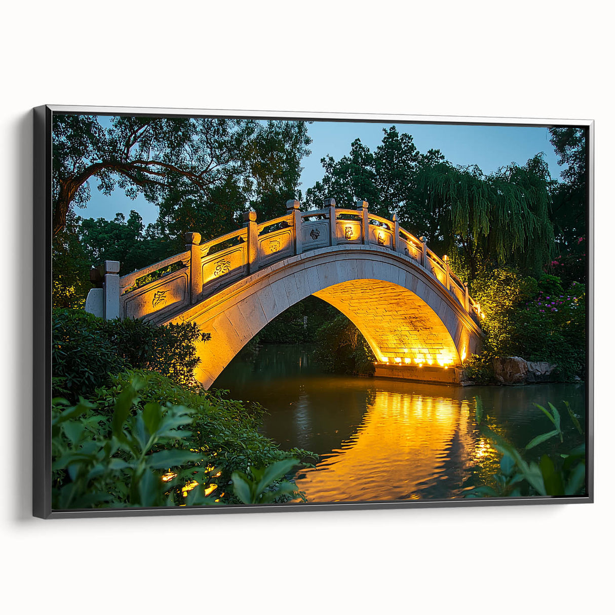 Framed canvas art depicting a serene landscape view of a bridge set against a vibrant sky, featuring rich colors and intricate details, ideal for home decor.