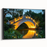 Framed canvas art depicting a serene landscape view of a bridge set against a vibrant sky, featuring rich colors and intricate details, ideal for home decor.