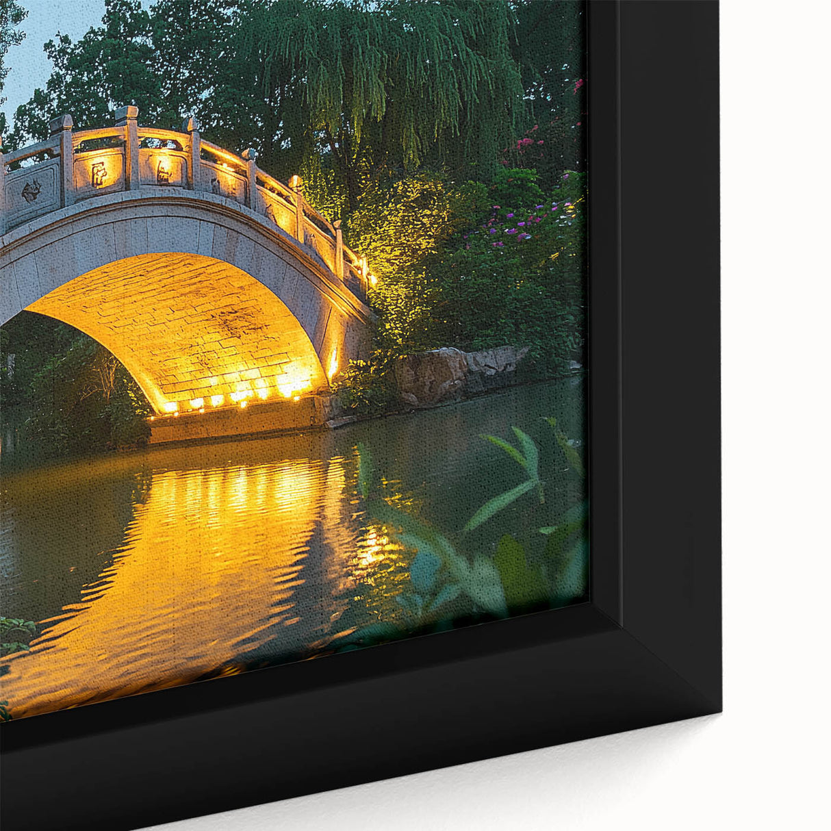 Close-up of a framed landscape bridge canvas print showcasing intricate details of the bridge structure, surrounded by lush greenery and vibrant colors, ideal for home decor enthusiasts.