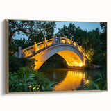 Framed canvas artwork depicting a serene landscape with a bridge, showcasing golden hues and intricate details, perfect for enhancing home decor and aesthetic appeal.