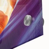 Close-up of an acrylic glass artwork depicting vibrant landscape canyons, showcasing intricate details and rich colors, ideal for modern home decor.