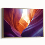Framed canvas artwork depicting a breathtaking landscape of canyons with rich gold accents, perfect for modern home decor. Ideal for nature lovers and art enthusiasts.