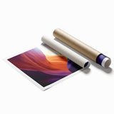 Landscape rolled print showcasing vibrant canyons with rich earthy tones and dramatic rock formations, delivered in a protective cardboard tube for safe storage.
