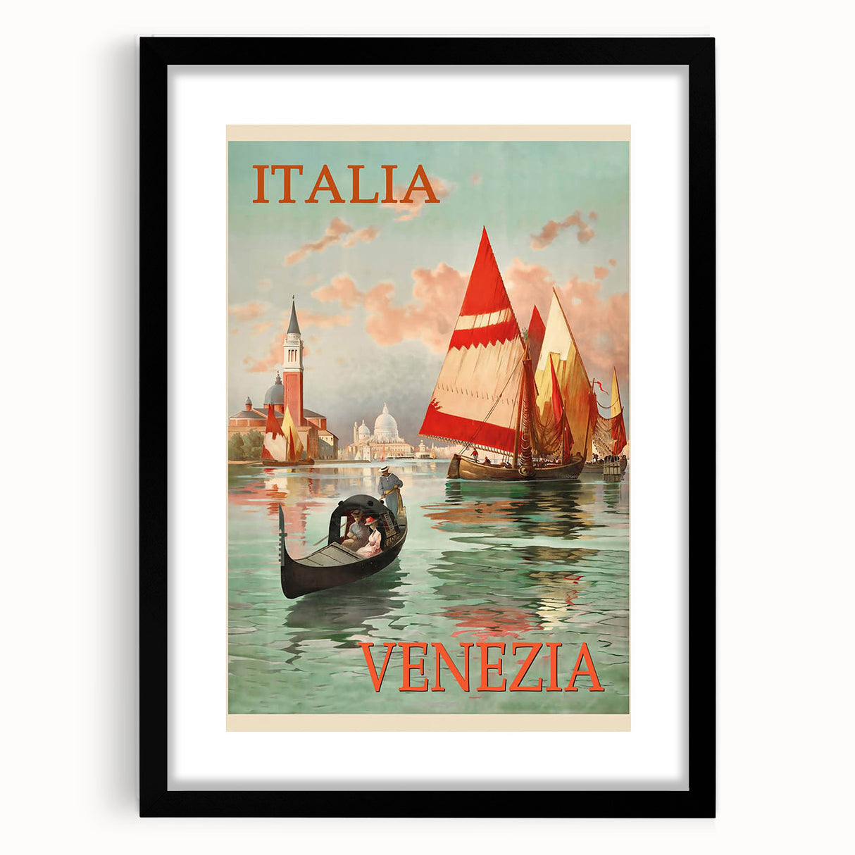 Retro Venice Italy Travel Poster - Gondola and Sailing Boats Wall Art