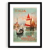 Retro Venice Italy Travel Poster - Gondola and Sailing Boats Wall Art