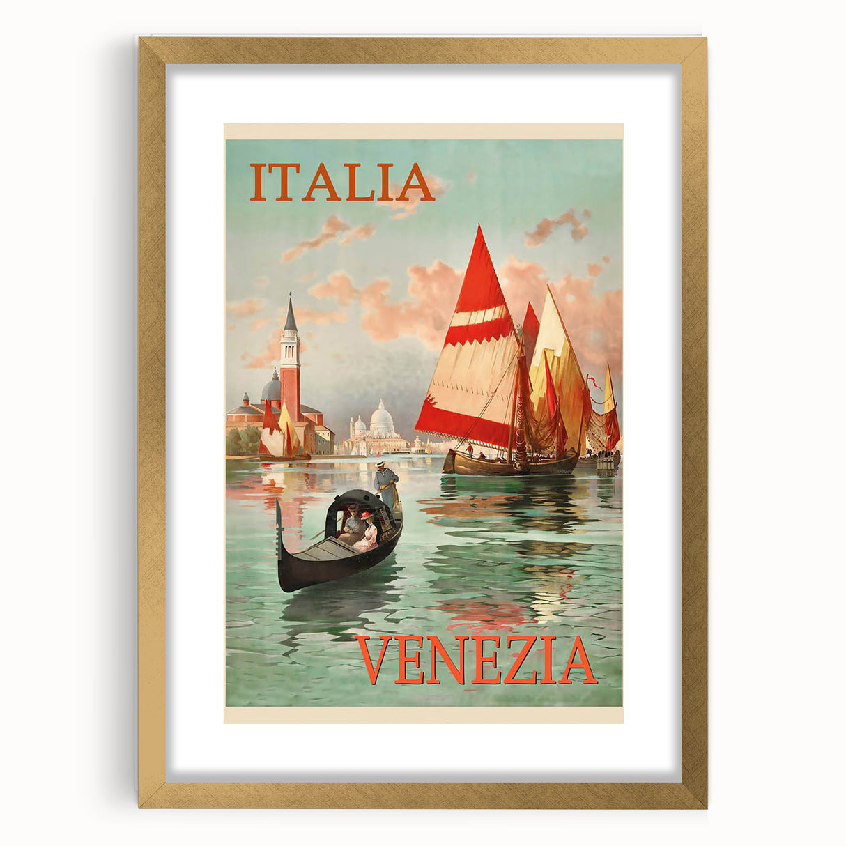 Retro Venice Italy Travel Poster - Gondola and Sailing Boats Wall Art