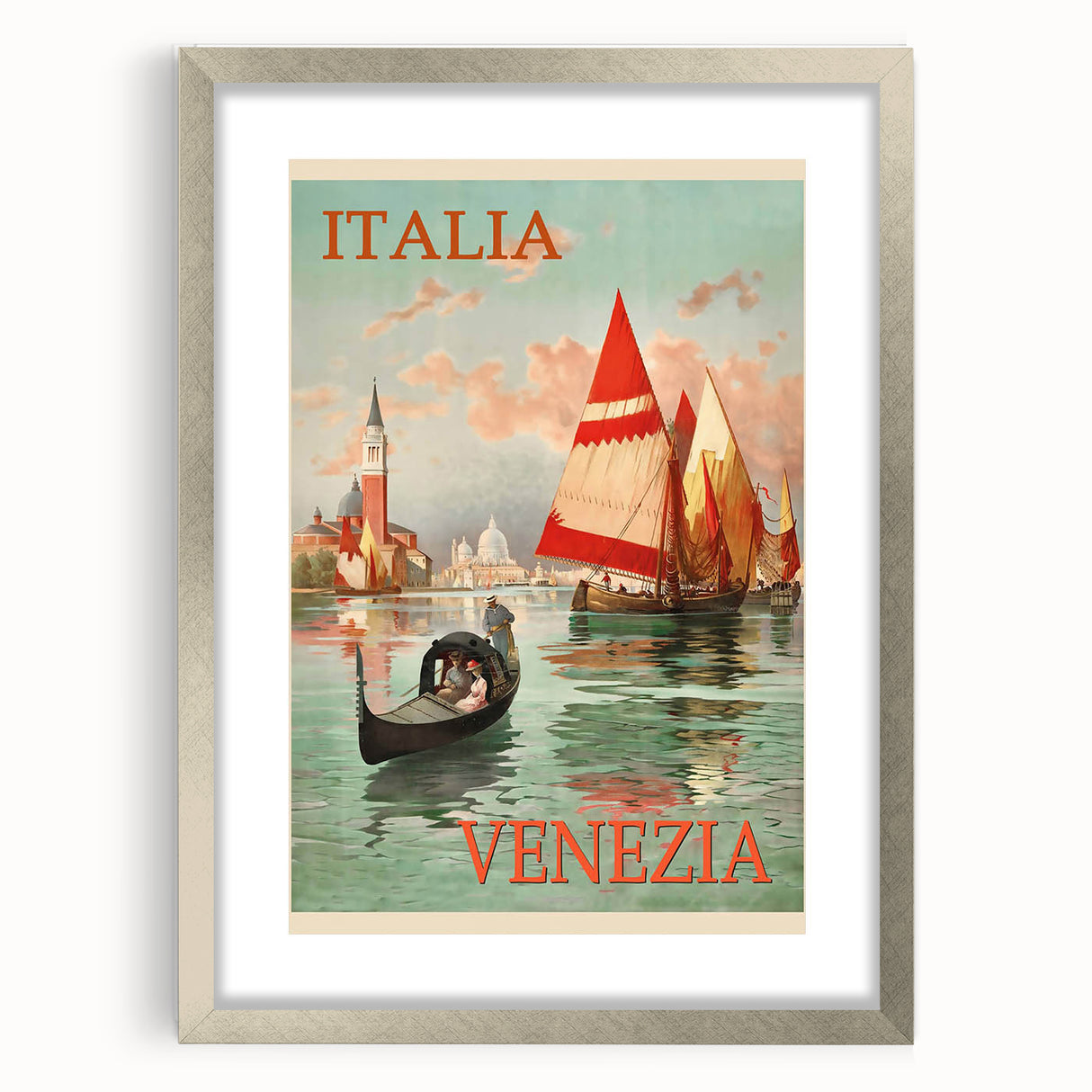Retro Venice Italy Travel Poster - Gondola and Sailing Boats Wall Art
