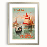 Retro Venice Italy Travel Poster - Gondola and Sailing Boats Wall Art