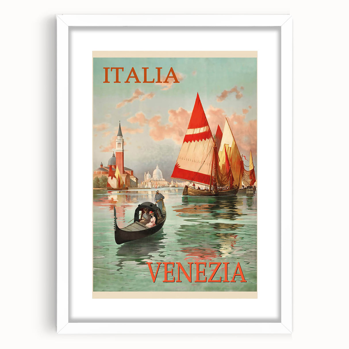 Retro Venice Italy Travel Poster - Gondola and Sailing Boats Wall Art