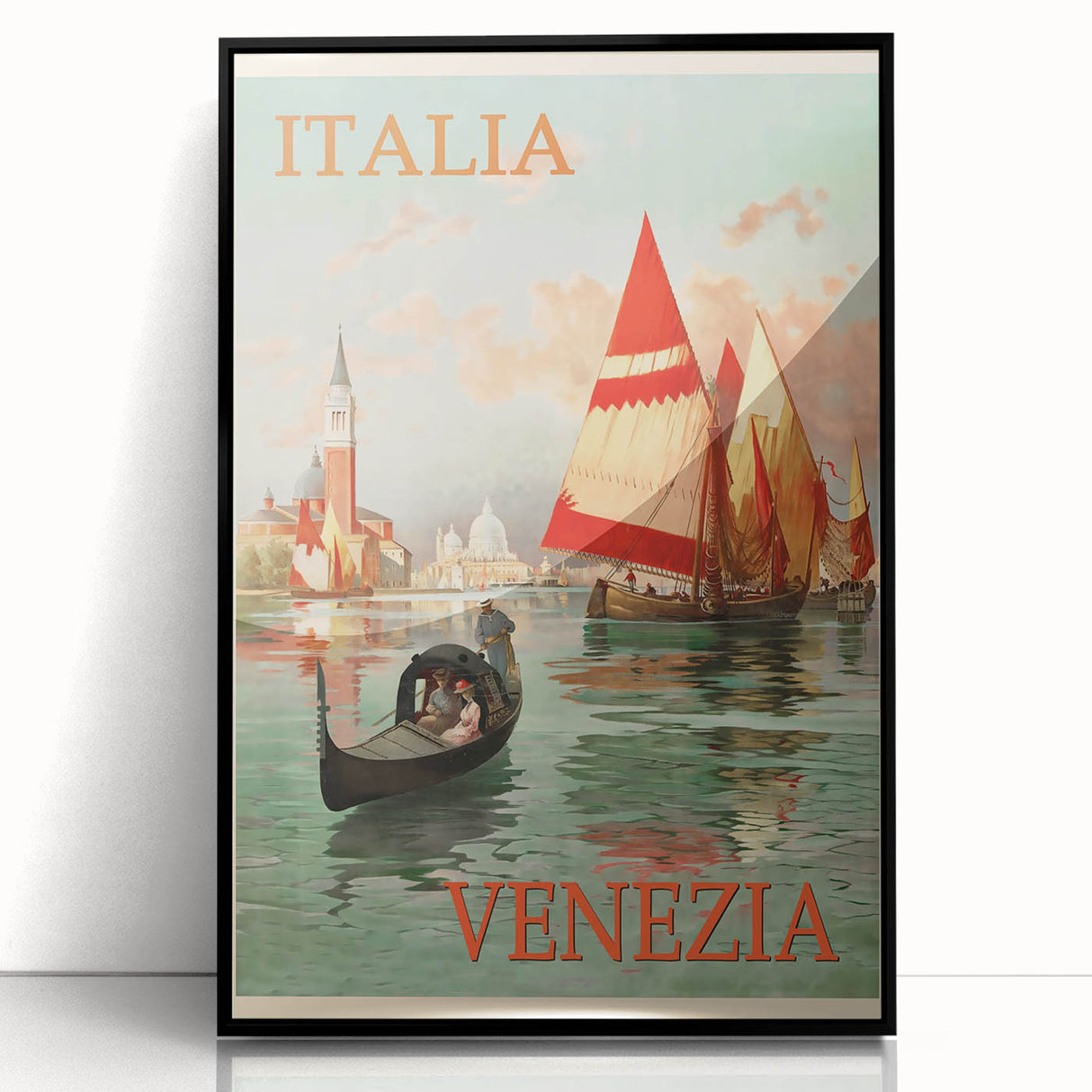 Retro Venice Italy Travel Poster - Gondola and Sailing Boats Wall Art