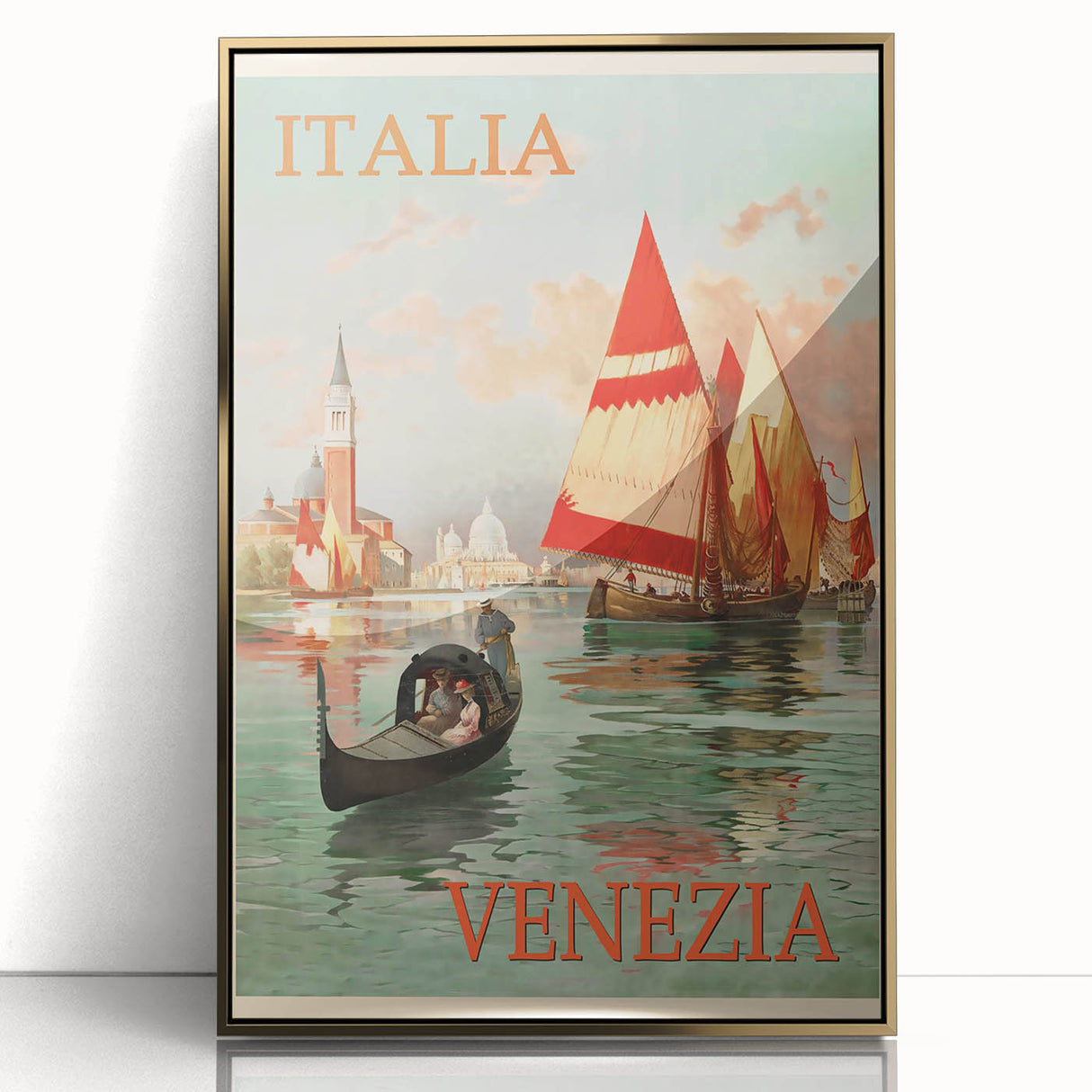 Retro Venice Italy Travel Poster - Gondola and Sailing Boats Wall Art