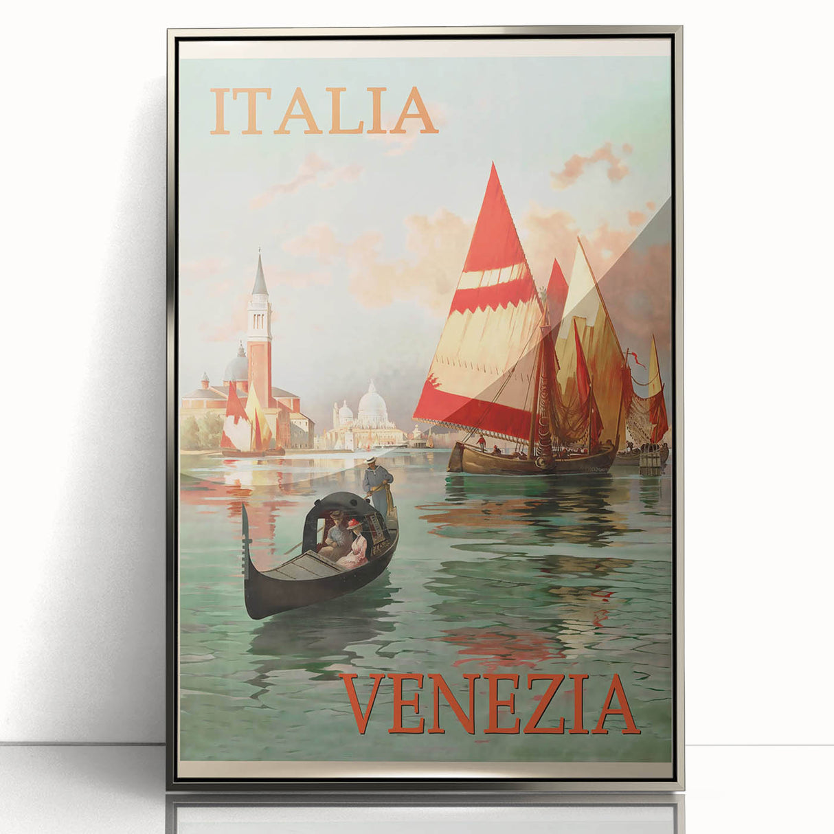 Retro Venice Italy Travel Poster - Gondola and Sailing Boats Wall Art
