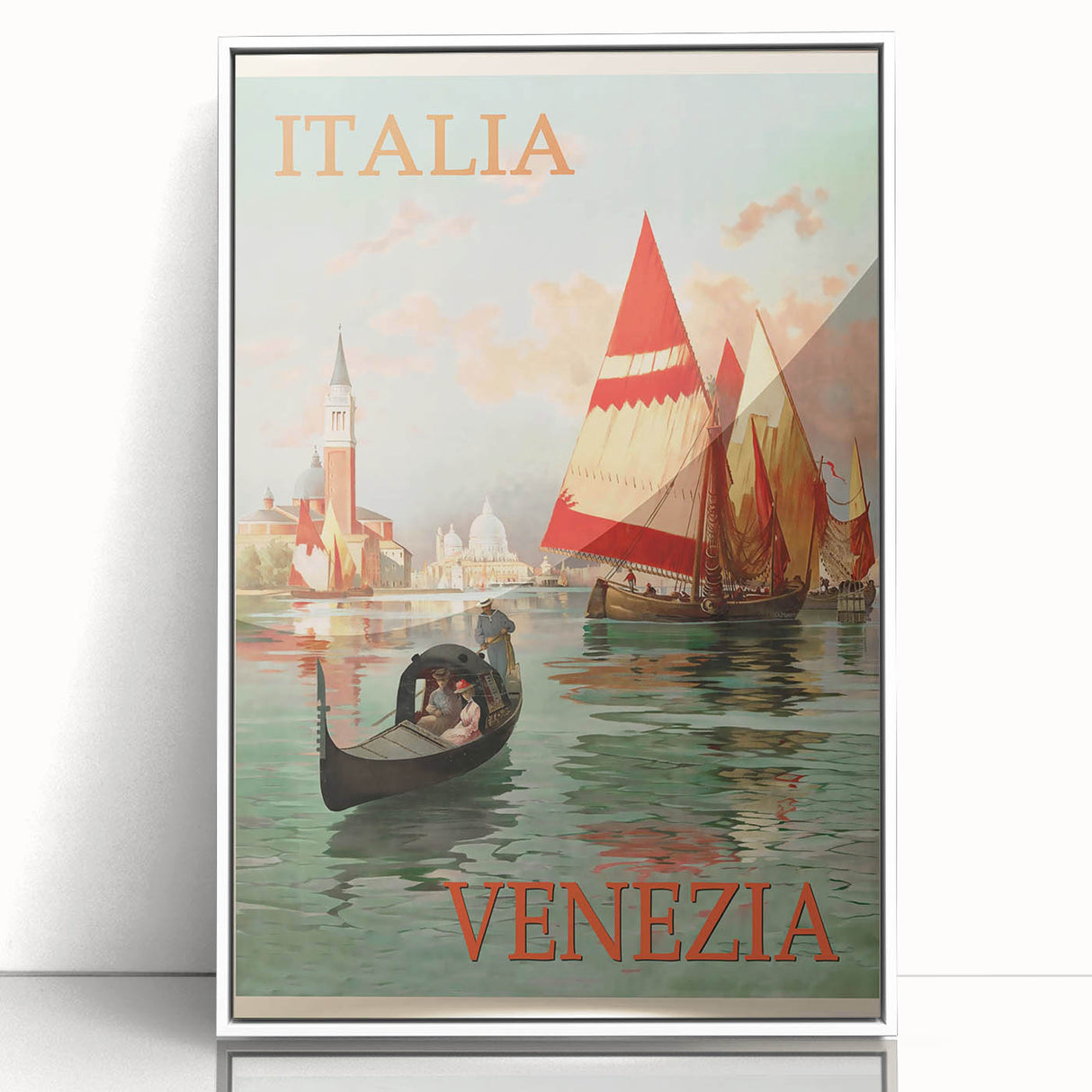 Retro Venice Italy Travel Poster - Gondola and Sailing Boats Wall Art