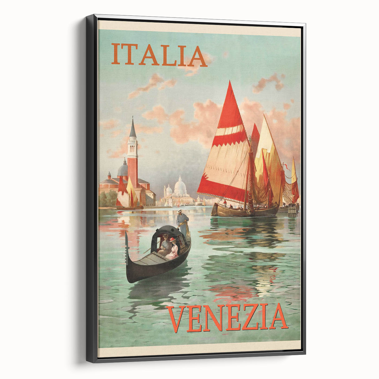 Retro Venice Italy Travel Poster - Gondola and Sailing Boats Wall Art