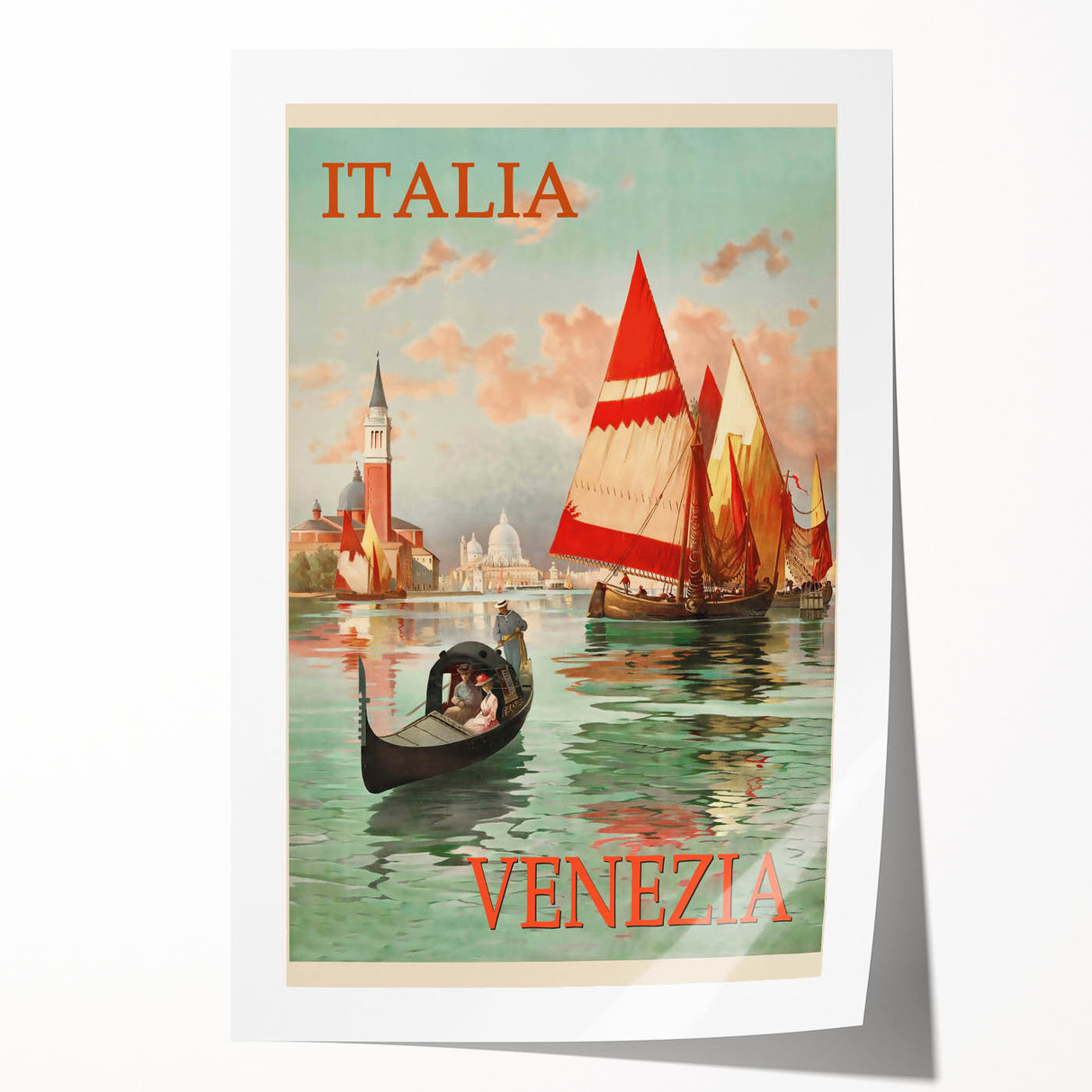 Retro Venice Italy Travel Poster - Gondola and Sailing Boats Wall Art