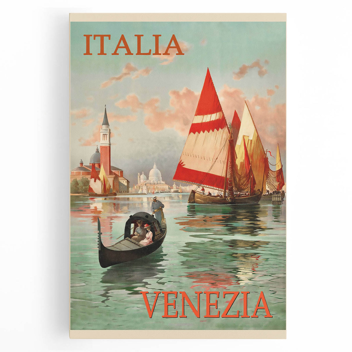 Retro Venice Italy Travel Poster - Gondola and Sailing Boats Wall Art