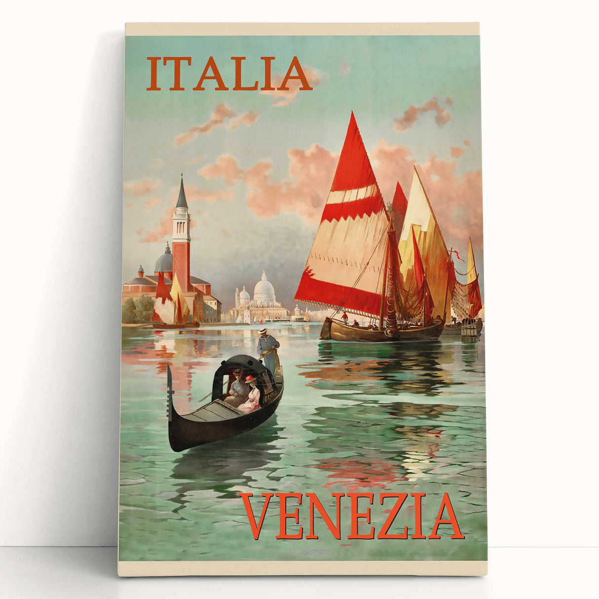 Retro Venice Italy Travel Poster - Gondola and Sailing Boats Wall Art