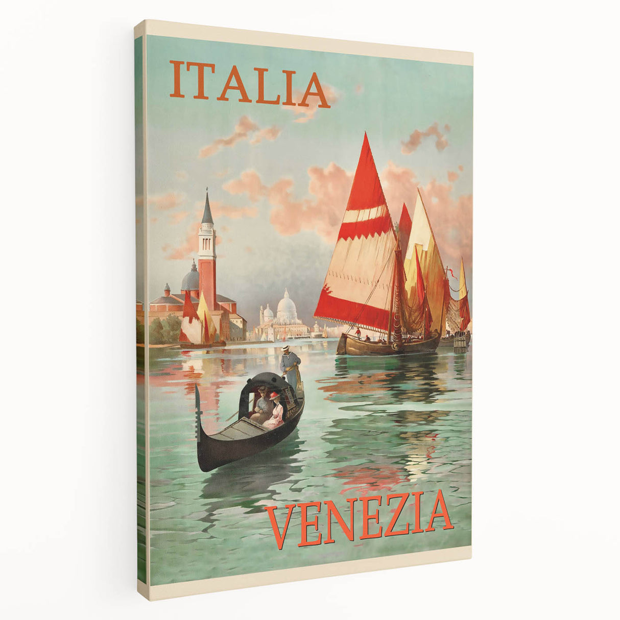 Retro Venice Italy Travel Poster - Gondola and Sailing Boats Wall Art