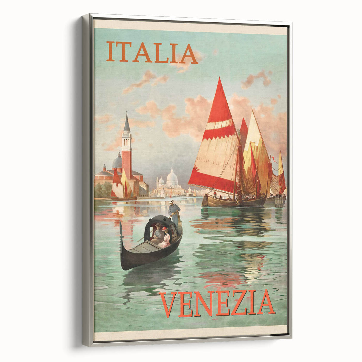 Retro Venice Italy Travel Poster - Gondola and Sailing Boats Wall Art