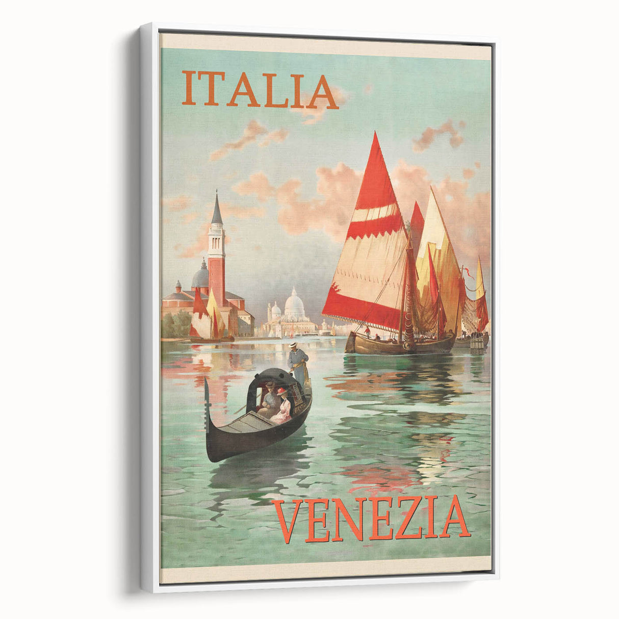 Retro Venice Italy Travel Poster - Gondola and Sailing Boats Wall Art
