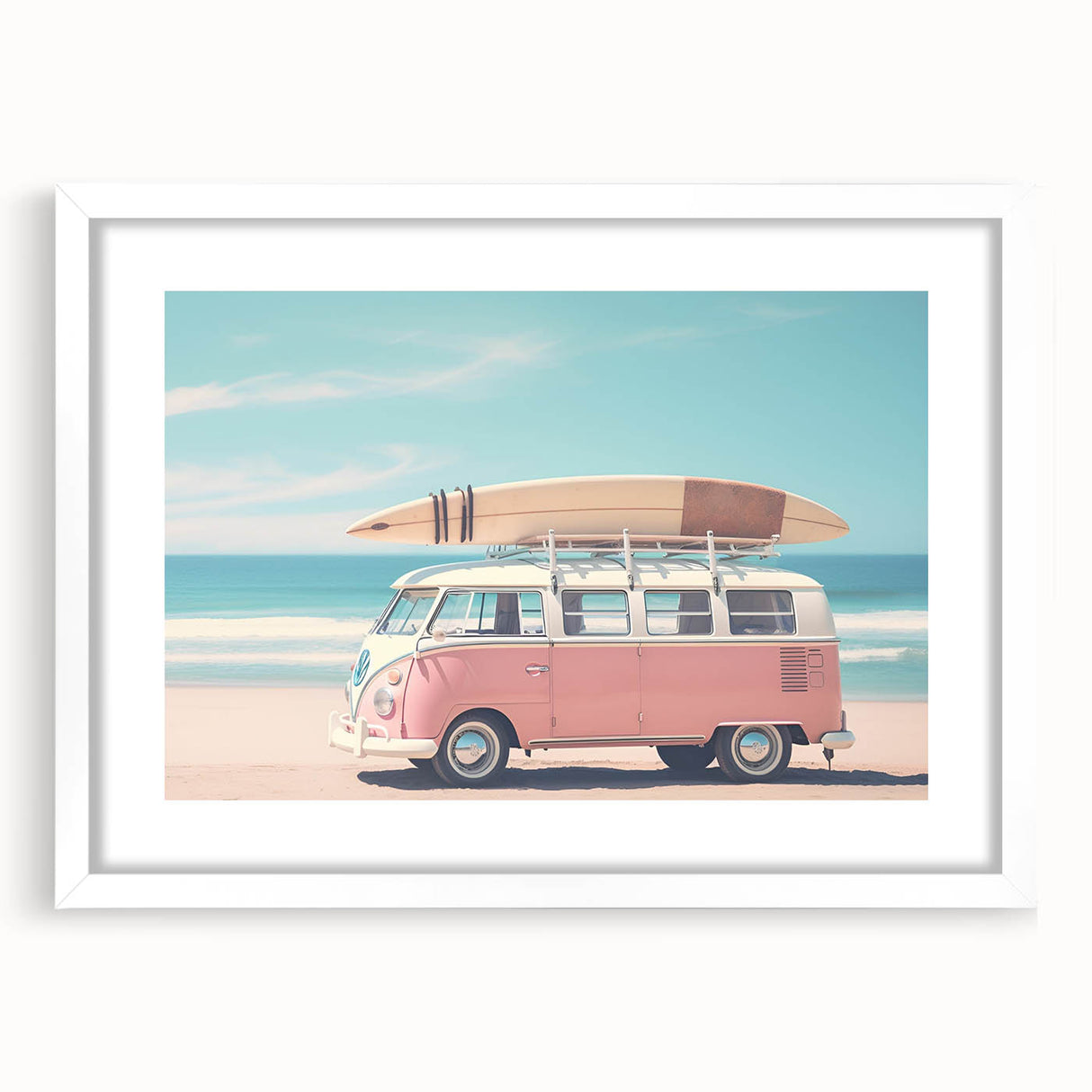 Abstract art print in soft pastel hues on a white framed canvas, suitable for bedroom or dining room decor.